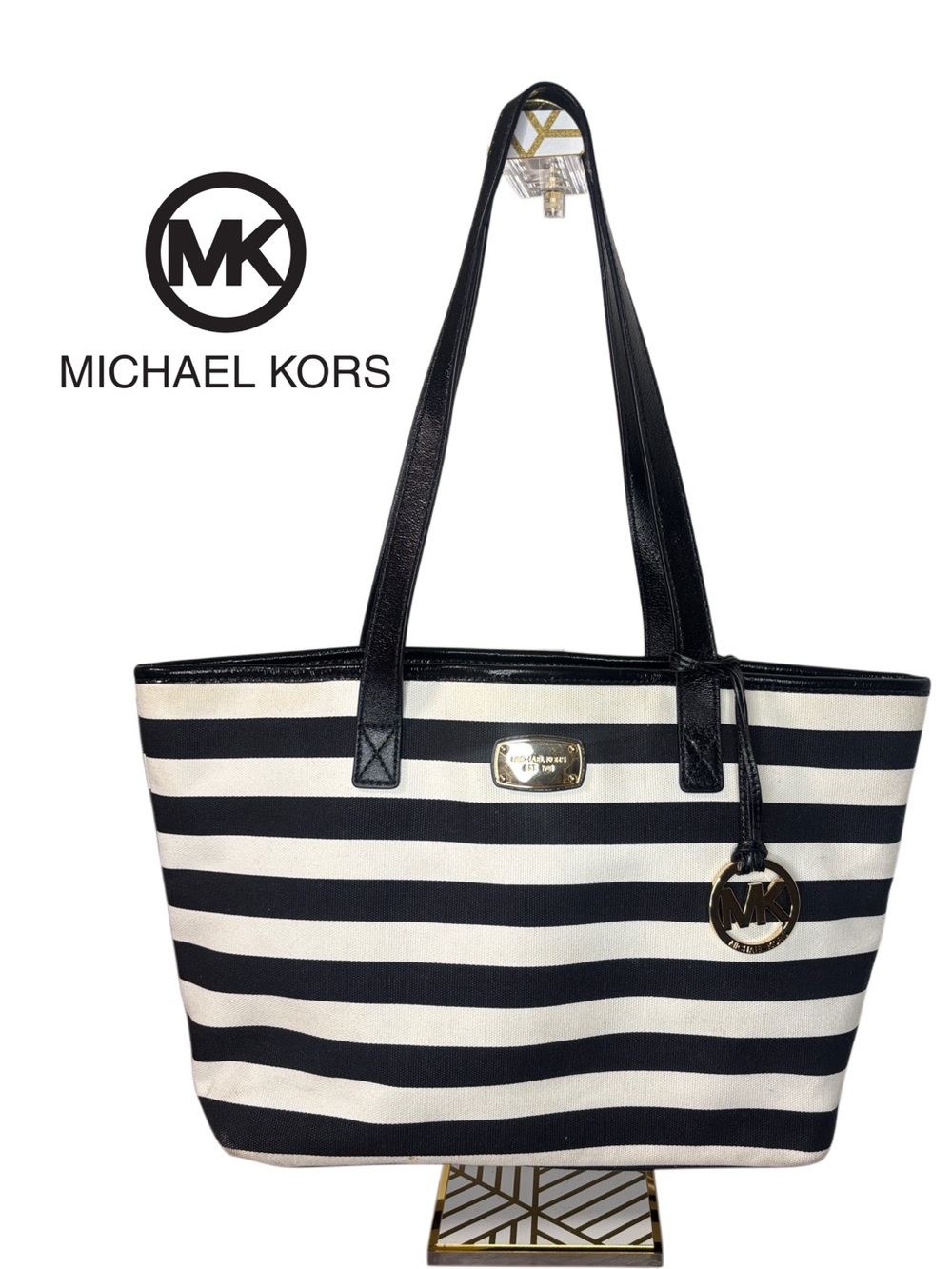Michael Kors Black and White Striped Canvas Tote with Silver MK Charm